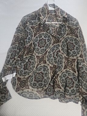 Zara Sheer Medallion-Print Button Front Blouse in Brown and Gray